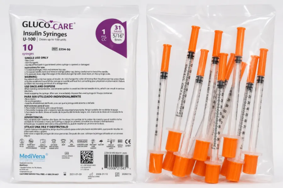 GLUCO-CARE Insulin Syringes U-100 – 1mL / 31G x 8mm (5/16”)